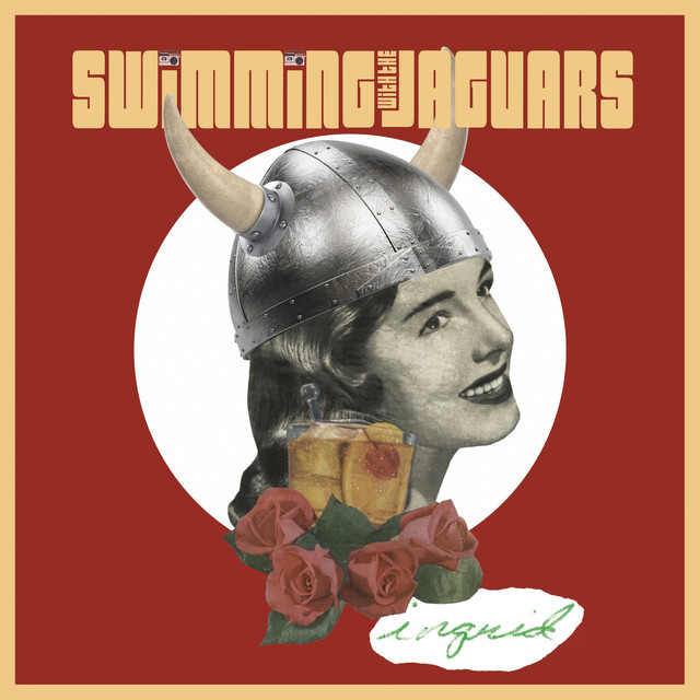 The ingrid album cover: a smiling woman in a horned Viking helmet holding a cocktail above red roses, on a brick red ground under the band's wordmark.