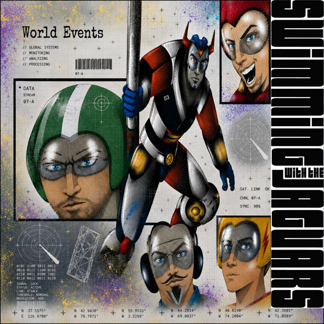 The World Events cover: the band drawn as anime-style space pilots in helmets around a flying robot, with the wordmark running down the right edge.